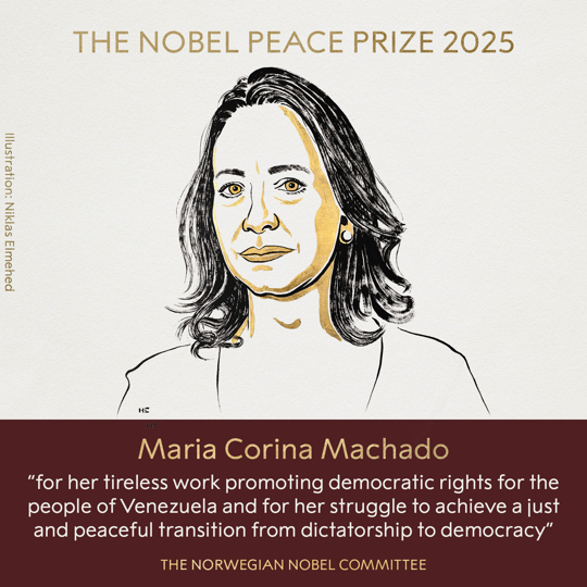 The Norwegian Nobel Committee has decided to award the 2025 #NobelPeacePrize to Maria Corina Machado for her tireless work promoting democratic rights for the people of Venezuela and for her struggle to achieve a just and peaceful transition from dictatorship to democracy.  #NobelPrize 