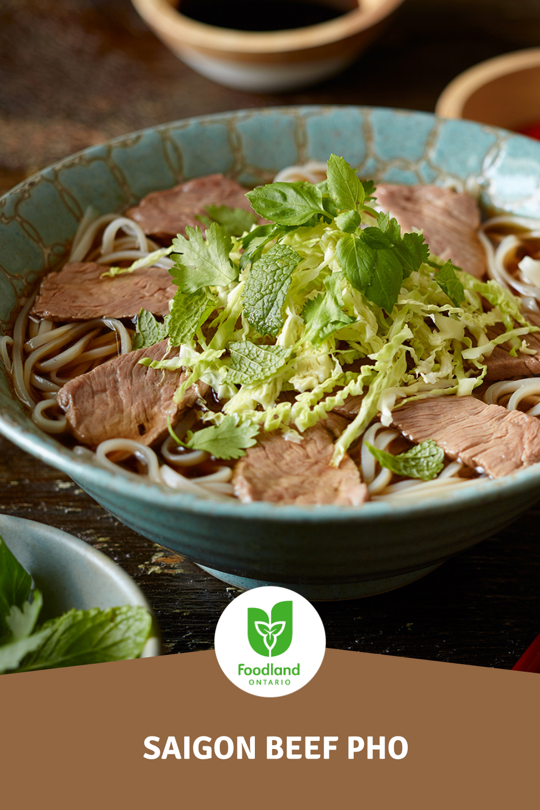 Saigon Beef Pho
Saigon Beef Pho
Vietnam’s iconic noodle soup is all about the broth—fragrant, rich, and deeply satisfying. This Saigon Beef Pho is a meal-in-a-bowl that’s perfect any time of day.
Make the broth ahead, then assemble with fresh herbs, noodles, and tender beef just before serving. It’s a delicious way to bring a globally flavour to your kitchen using fresh, local ingredients. It's un-pho-gettable!
https://www.ontario.ca/foodland/recipes/saigon-beef-pho