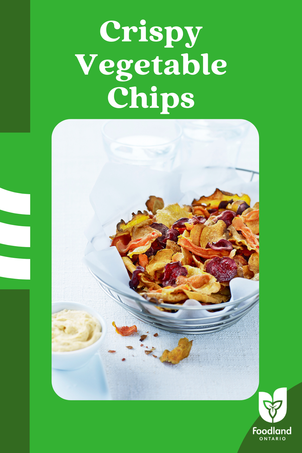 Crispy Vegetable Chips
Crispy Vegetable Chips
Delicious, crunchy and easy! Try these Crispy Vegetable Chips that are full of colour and flavour. 

https://www.ontario.ca/foodland/recipes/crispy-vegetable-chips