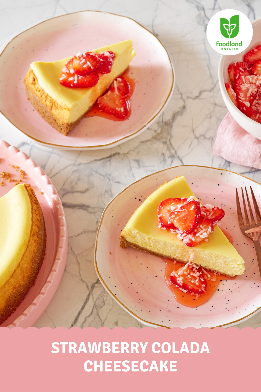 Strawberry Colada Cheesecake
Strawberry Colada Cheesecake
This Strawberry Colada Cheesecake is a tropical dream come true, made even better with the vibrant sweetness of Ontario Strawberries! The creamy, rich cheesecake blends perfectly with fresh strawberries, while a hint of coconut adds a refreshing twist.
https://www.ontario.ca/foodland/recipes/strawberry-colada-cheesecake