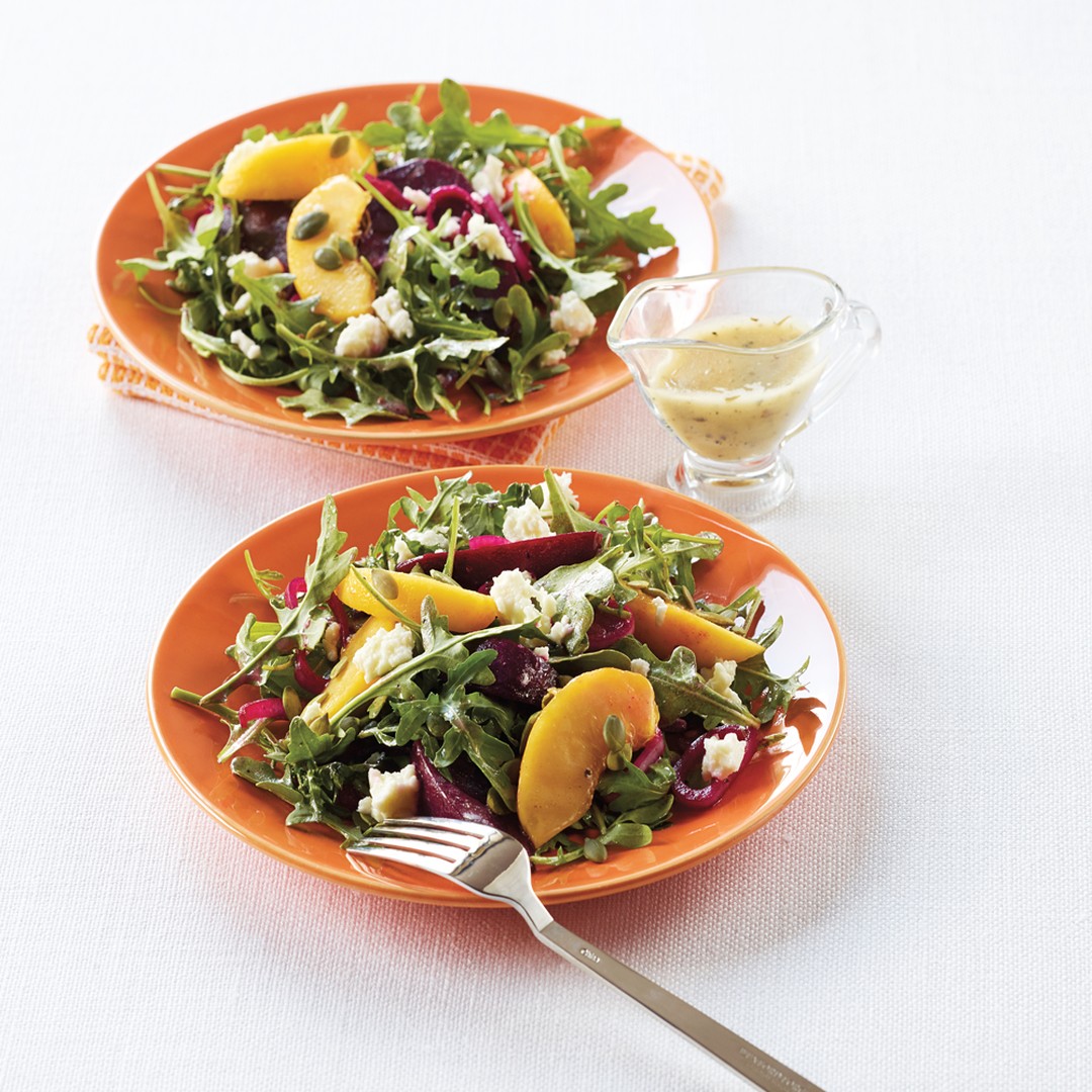 Sweet Ontario peaches and salty feta create a perfect balance with the bed of peppery arugula in this colourful and healthy salad. Find the recipe link in our bio. #SummerSalads #loveONTfoodfoodlandontario
