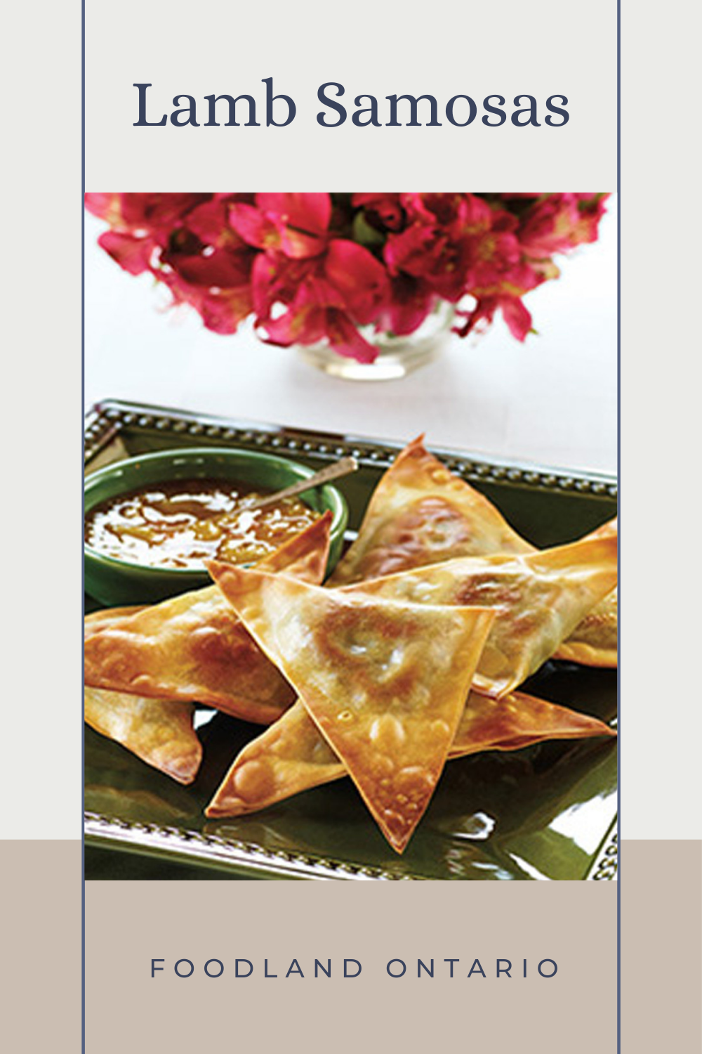 Lamb Samosas
Lamb Samosas
Looking for an impressive appetizer? These Lamb Samosas use wonton or egg roll wrappers, and they are baked rather than fried. Best served warm with your favourite chutney.

https://www.ontario.ca/foodland/recipes/lamb-samosas