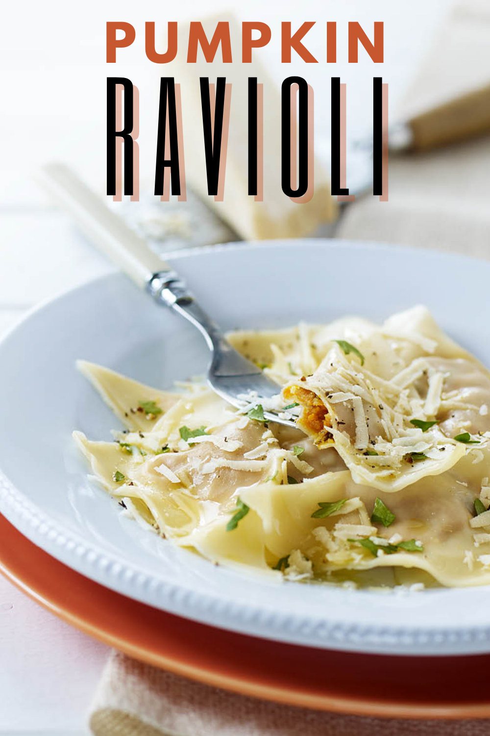 Pumpkin Ravioli
Pumpkin Ravioli
Full of the flavours of Fall, this GOURDgeous Pumpkin Ravioli comes together in a pinch with the use of wonton wrappers.

https://www.ontario.ca/foodland/recipes/pumpkin-ravioli