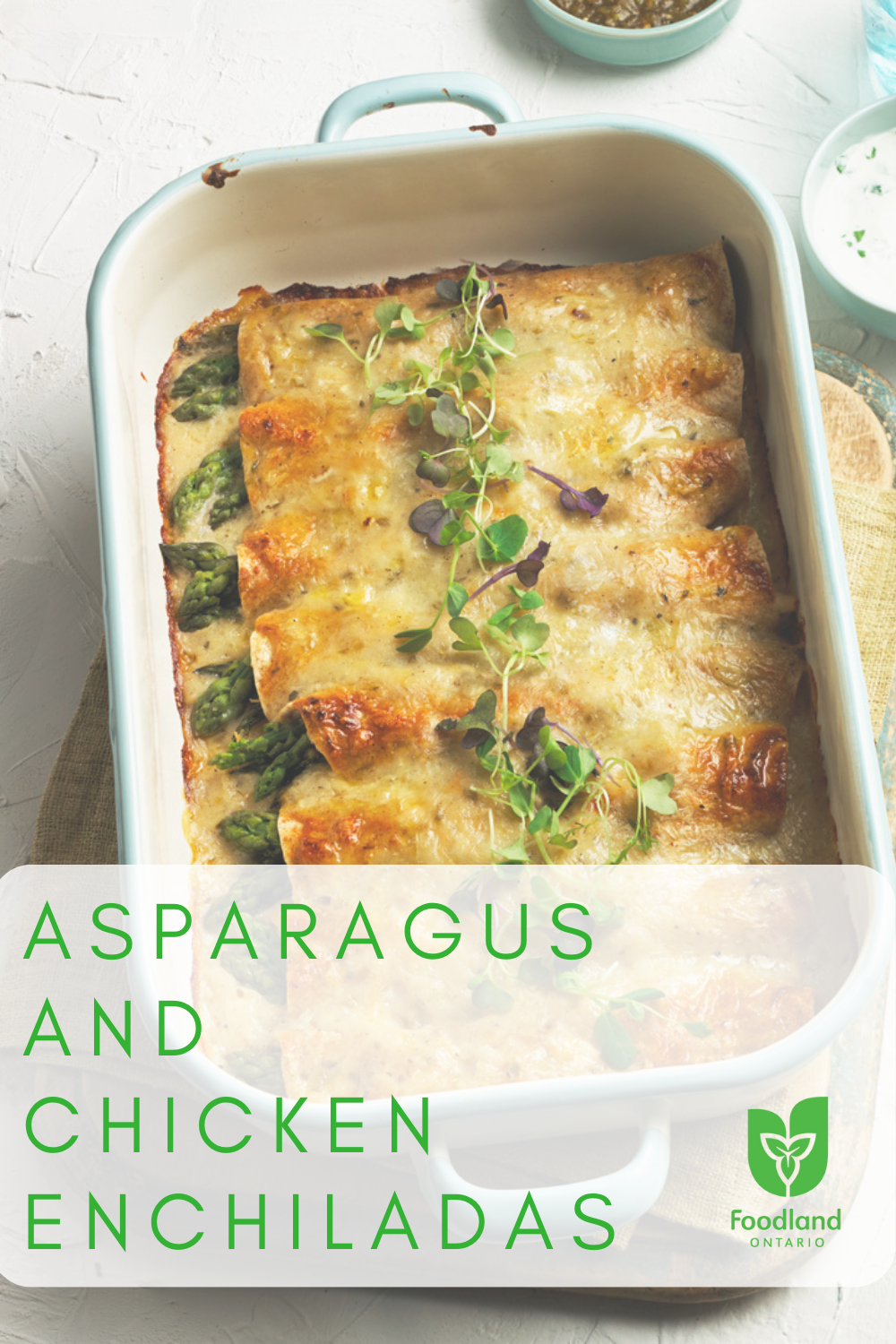 Asparagus and Chicken Enchiladas
Asparagus and Chicken Enchiladas
This family-friendly Asparagus and Chicken Enchiladas recipe can be made in less than 30 minutes. Top with light sour cream for added creaminess. 

https://www.ontario.ca/foodland/recipes/asparagus-and-chicken-enchiladas