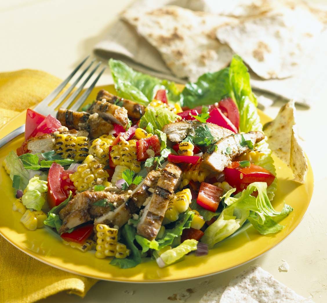 Grilled Chicken and Corn Salad
Spice things up with Ontario chicken, grilled corn, and fresh peppers with this fiesta salad.  Try this dish as a wrap by rolling ingredients into a warm tortilla.

https://www.ontario.ca/foodland/recipes/grilled-chicken-and-corn-salad-0
