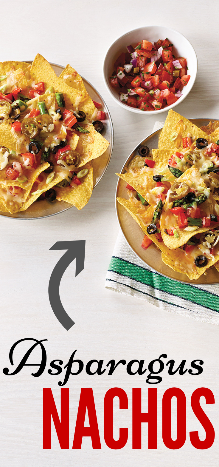 Asparagus Nachos 
Asparagus Nachos
Jazz up your regular nachos and add Ontario Asparagus! Top with olives, jalapenos and your favourite cheese for an irrisistable snack.

https://www.ontario.ca/foodland/recipes/asparagus-nachos