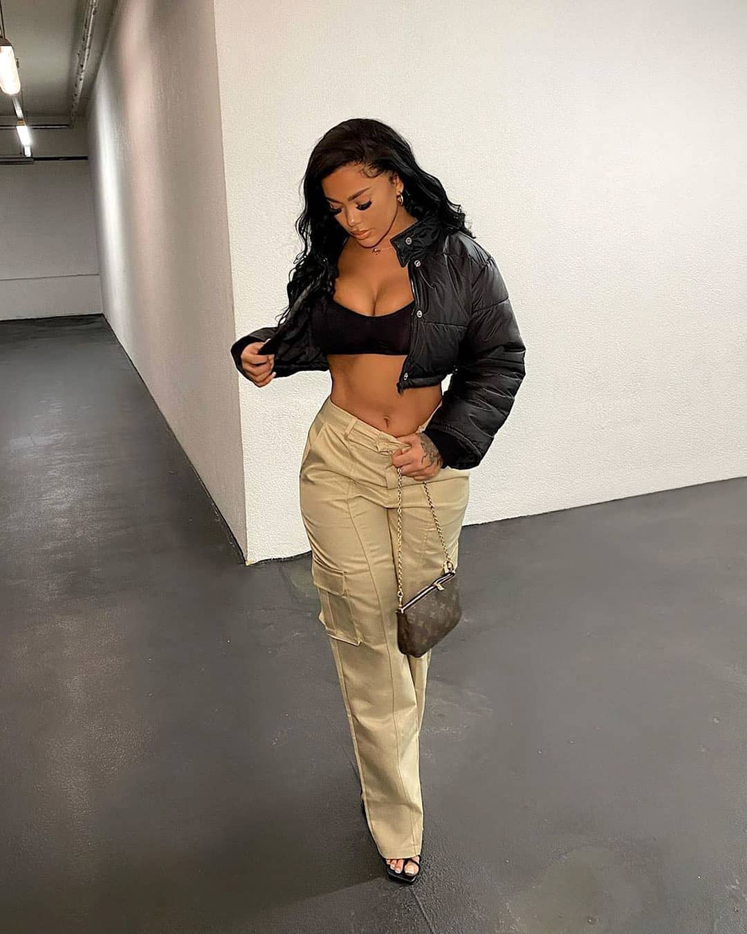 Stepping Into The Best Version Of Me😜🔥🖤 ​@kaaaymichelle In Our New In👇 ​Kara Stone Cargo Pants (⚡ME6619) ​Talia Black Cropped Puffer Jacket (⚡ME4903BL) ​Saffron Black Knitted Rib Plunge Bralet (⚡ME6347BL) ​#missygirls #thatmissyfit ~Missy Empire missyempire 