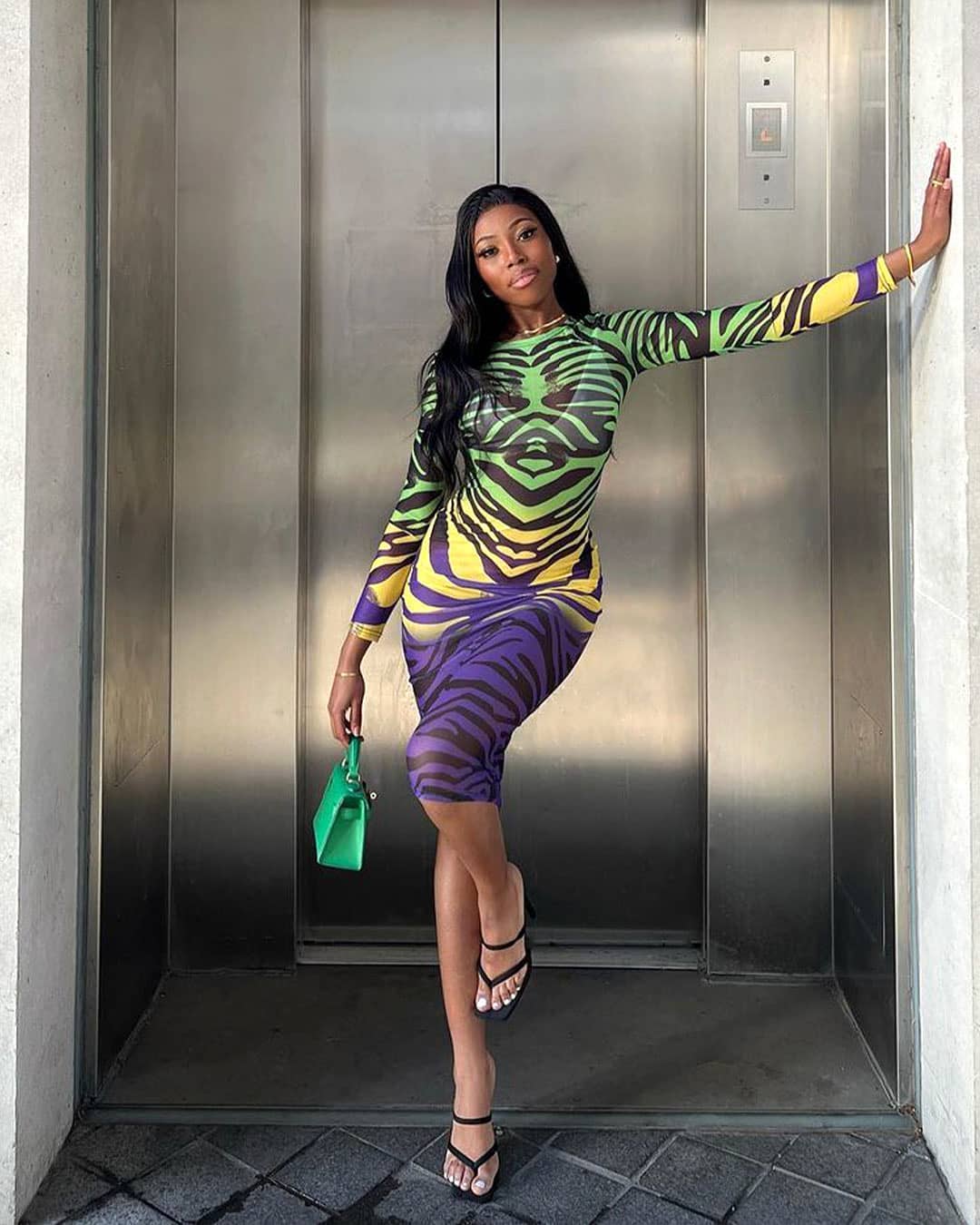 See Me Shining✨🔥💕@nihinelizabeth ​In Our👉Monica Green Printed Long Sleeve Mesh Midi Dress (⚡ME6556) & Valerie Black Double Strap Square Toe Heel Mule (⚡ME5798BL) #missygirls #thatmissyfit ~Missy Empire missyempire 