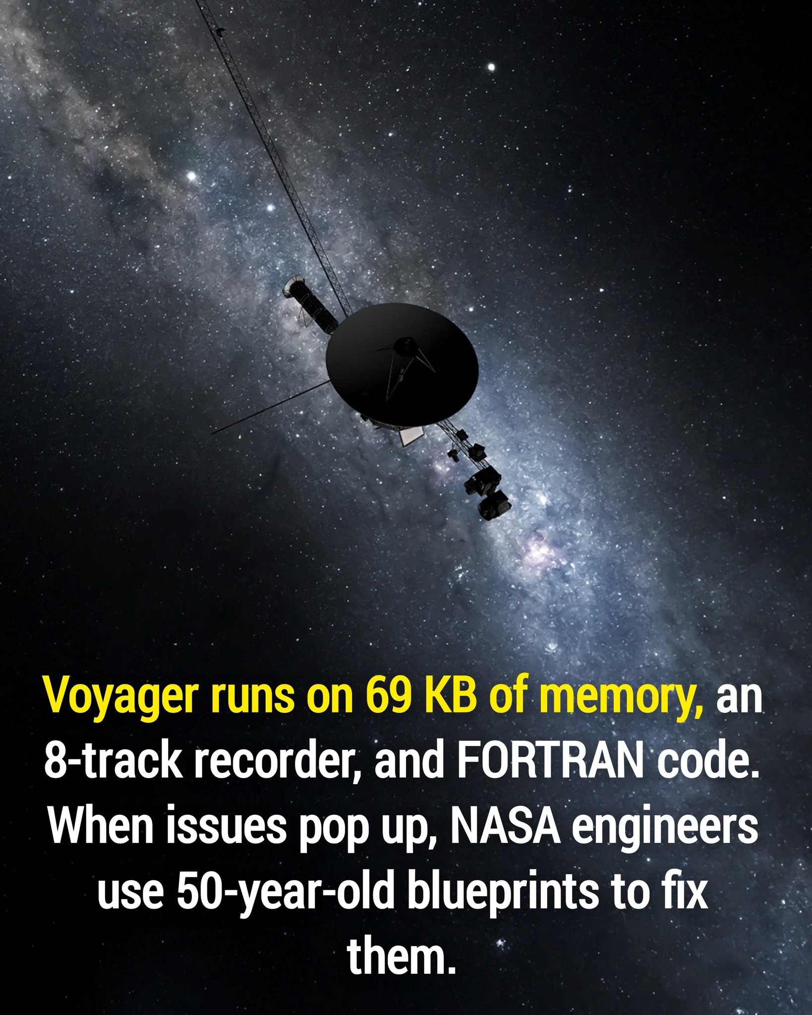 Voyager 1: A 1977 Time Capsule Still Exploring the Cosmos 🚀<br> Over 15 billion miles from Earth, Voyager 1 runs on 69 KB of memory, an 8-track tape...